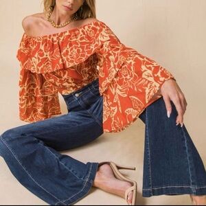 Flying tomato orange off the shoulder bell sleeve crop top
